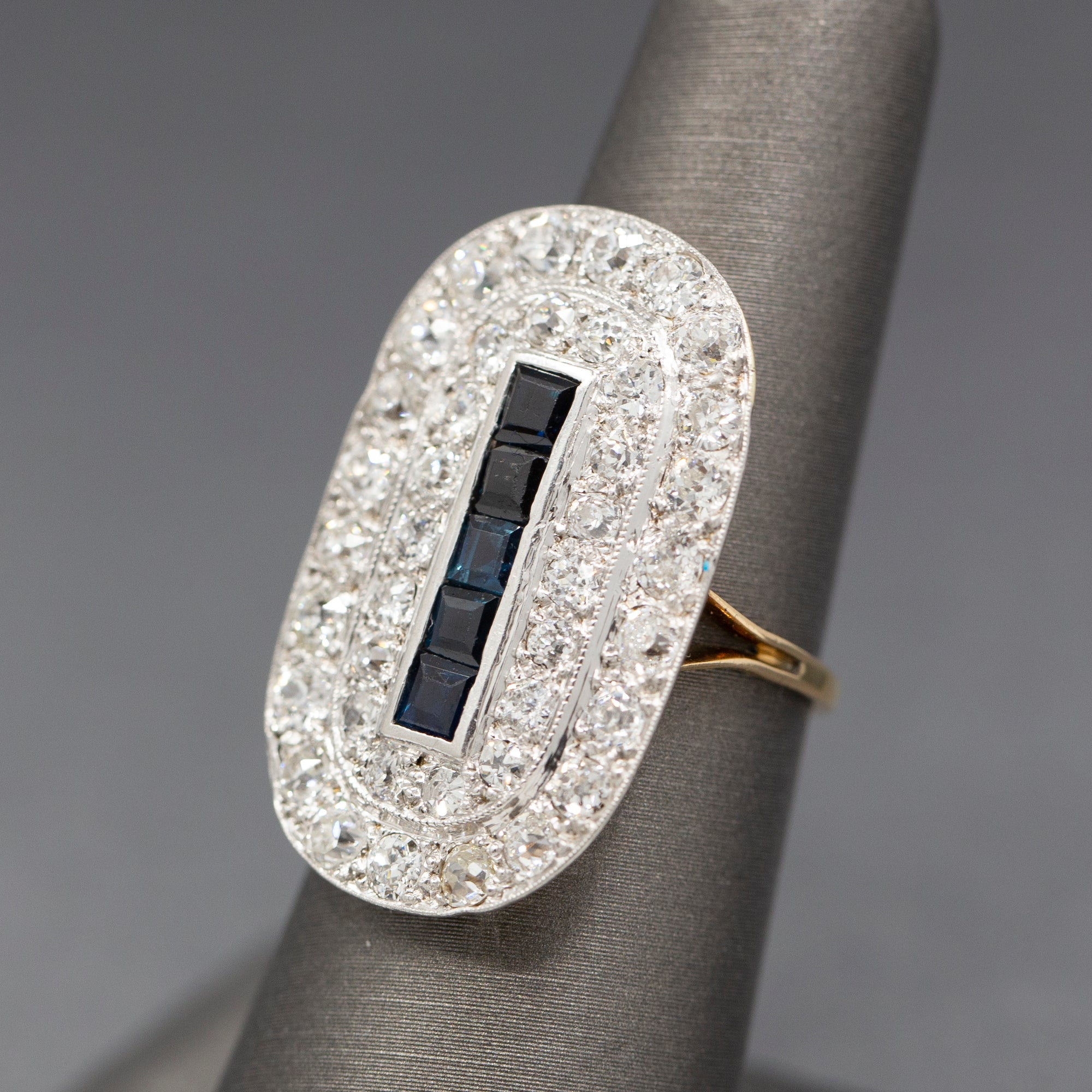 Spectacular Sapphire and Old European Cut Diamond Cocktail Ring in Platinum Topped 14k Gold