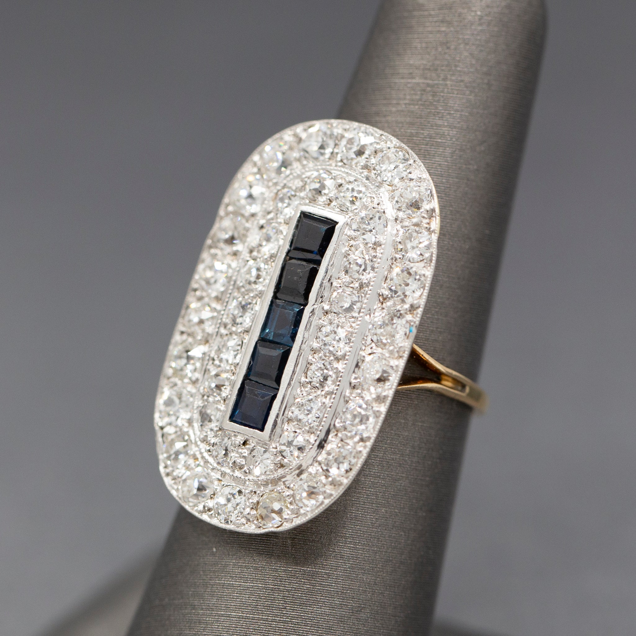 Spectacular Sapphire and Old European Cut Diamond Cocktail Ring in Platinum Topped 14k Gold