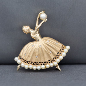 Ballerina Ballet Dancer with Diamond and Pearl Skirt Pin Brooch in 14k Yellow Gold