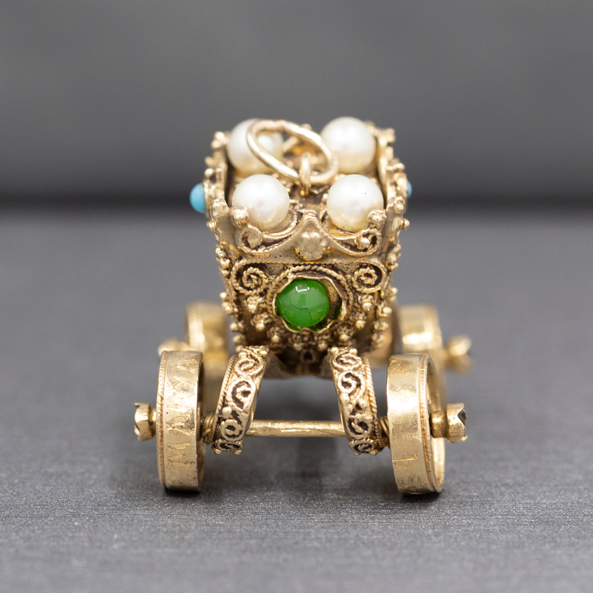Exquisite Etruscan Revival Antique Stage Coach with Turning Wheels in 14k Yellow Gold