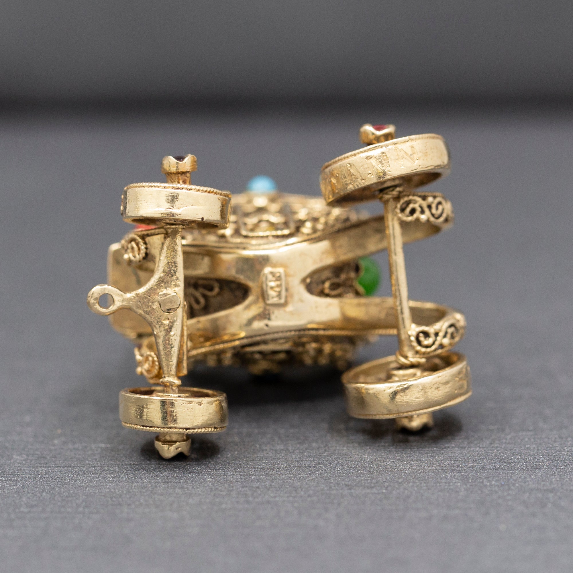 Exquisite Etruscan Revival Antique Stage Coach with Turning Wheels in 14k Yellow Gold