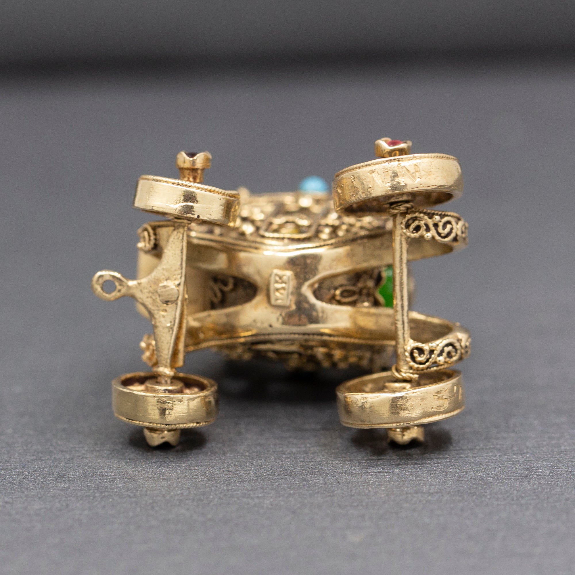 Exquisite Etruscan Revival Antique Stage Coach with Turning Wheels in 14k Yellow Gold