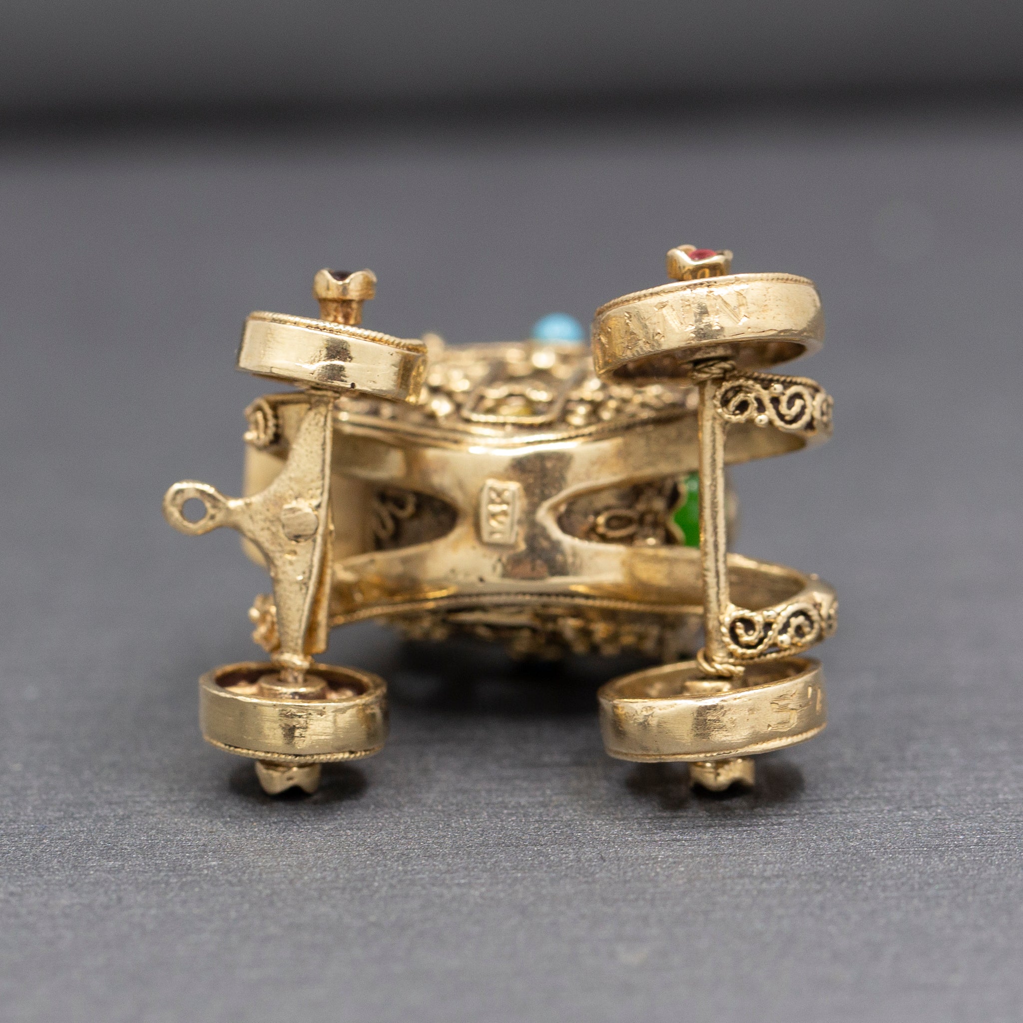 Exquisite Etruscan Revival Antique Stage Coach with Turning Wheels in 14k Yellow Gold