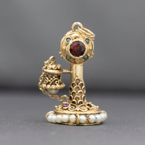Vintage Etruscan Revival Charm of Antique Candlestick Telephone in 14k Yellow Gold