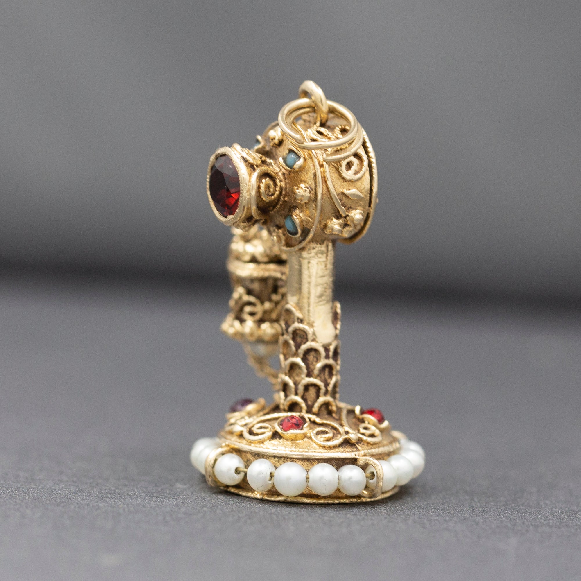 Vintage Etruscan Revival Charm of Antique Candlestick Telephone in 14k Yellow Gold
