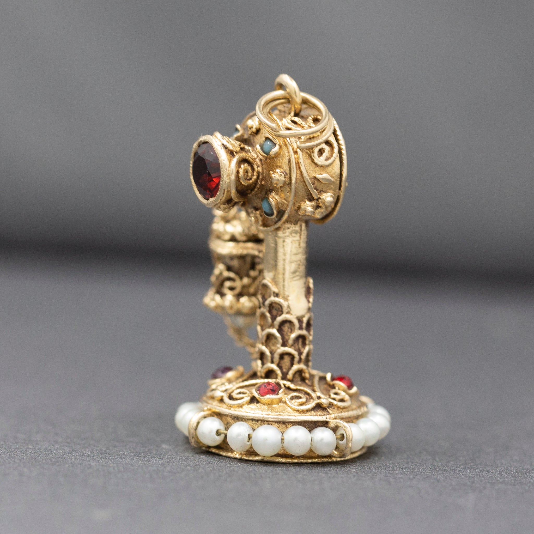 Vintage Etruscan Revival Charm of Antique Candlestick Telephone in 14k Yellow Gold