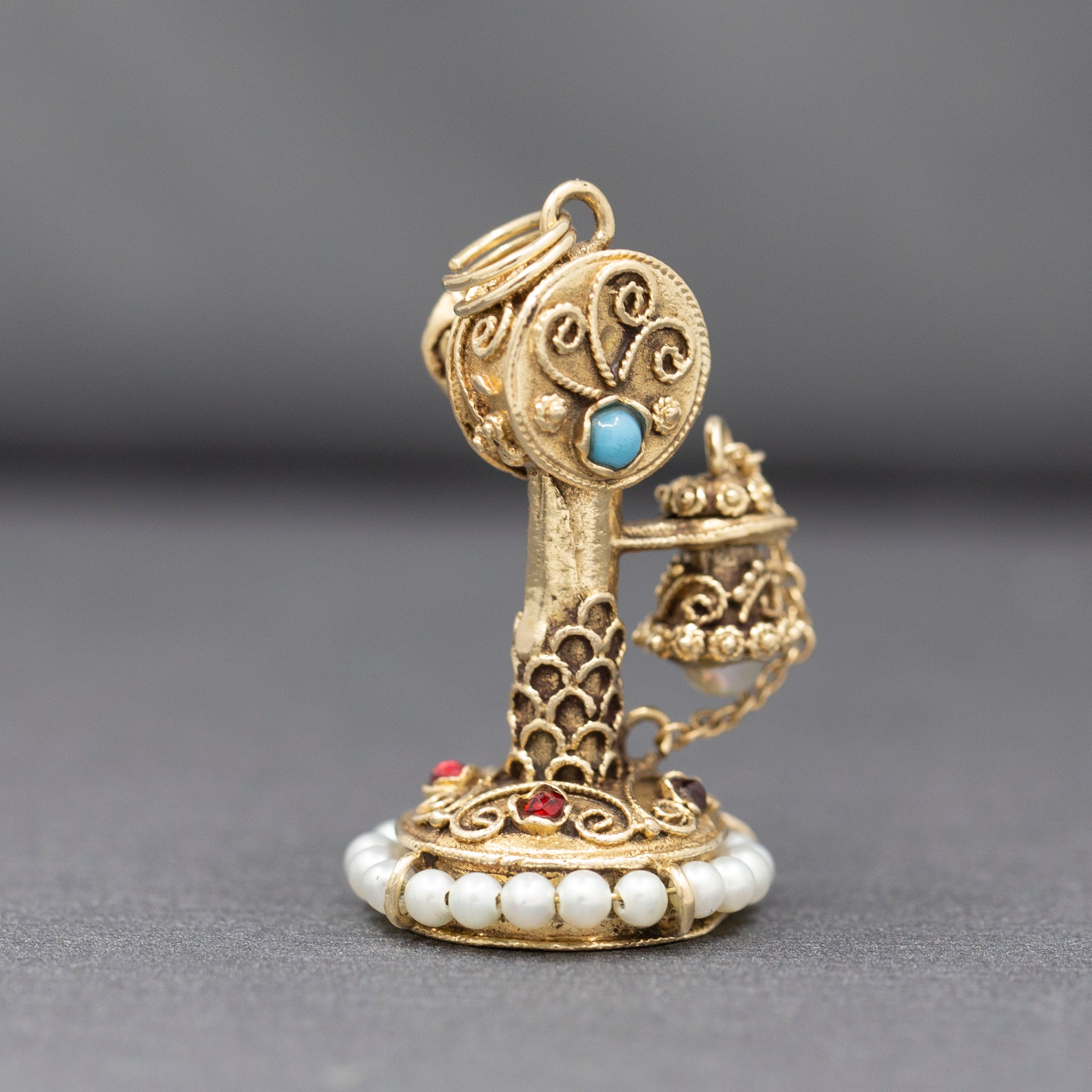 Vintage Etruscan Revival Charm of Antique Candlestick Telephone in 14k Yellow Gold