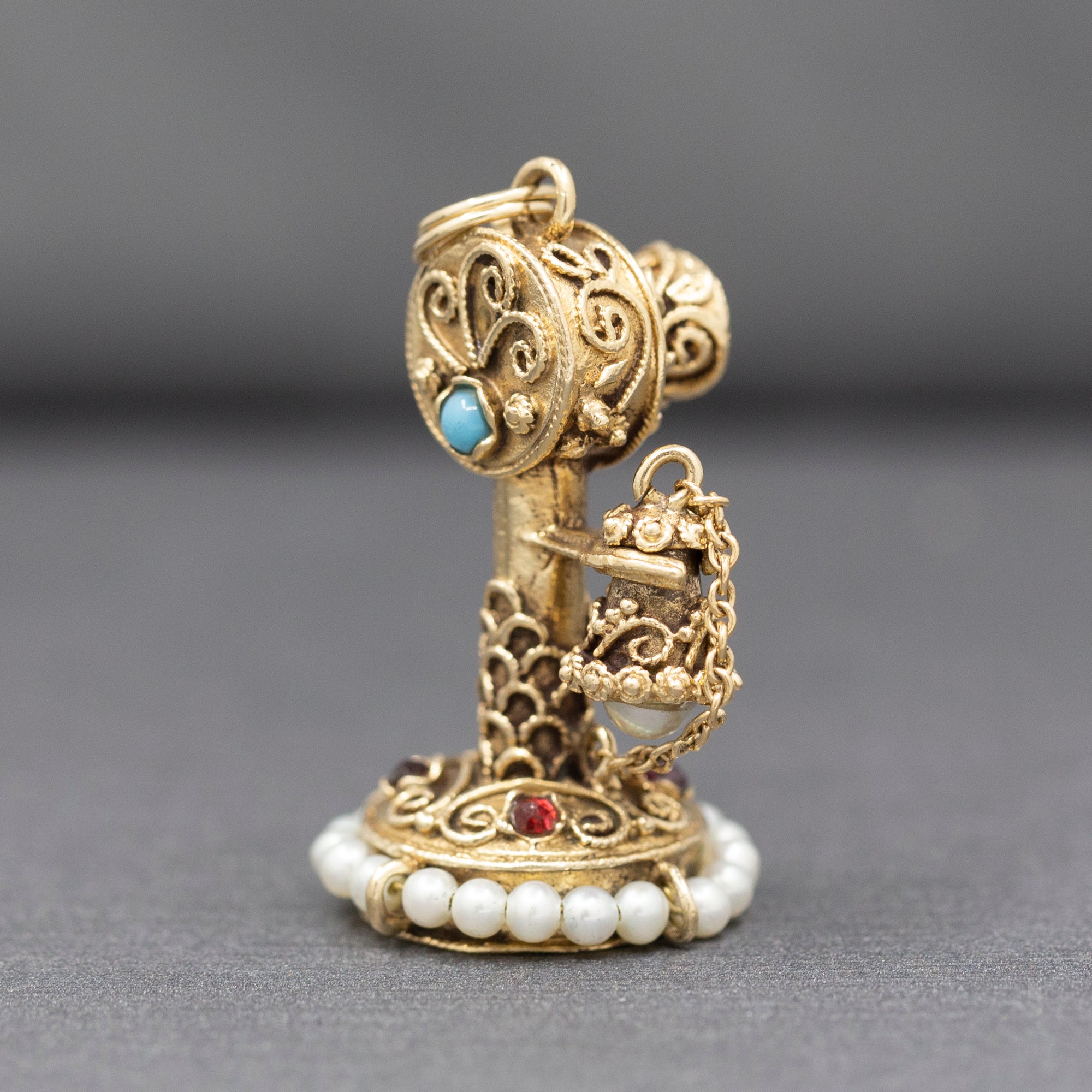 Vintage Etruscan Revival Charm of Antique Candlestick Telephone in 14k Yellow Gold