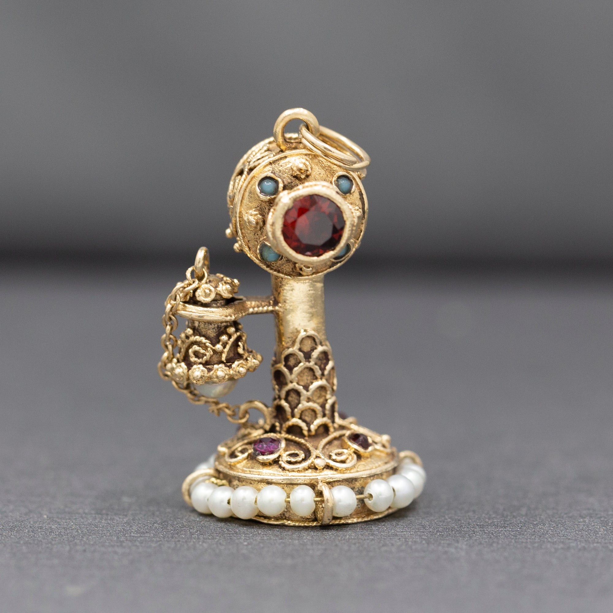 Vintage Etruscan Revival Charm of Antique Candlestick Telephone in 14k Yellow Gold