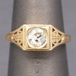 Art Deco Old European Cut Diamond Solitaire Filigree Ring in 14k Yellow Gold