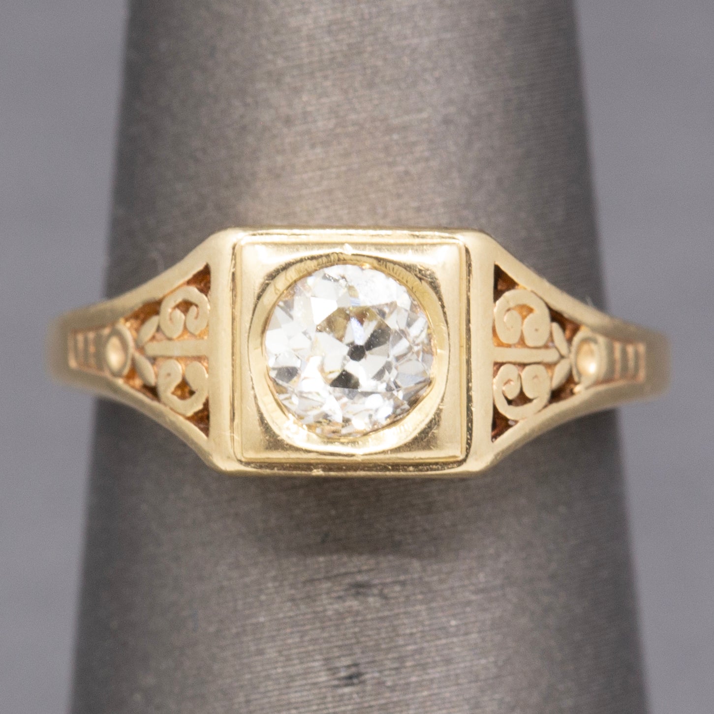 Art Deco Old European Cut Diamond Solitaire Filigree Ring in 14k Yellow Gold