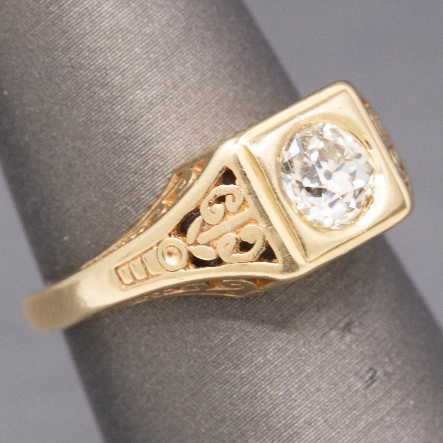 Art Deco Old European Cut Diamond Solitaire Filigree Ring in 14k Yellow Gold