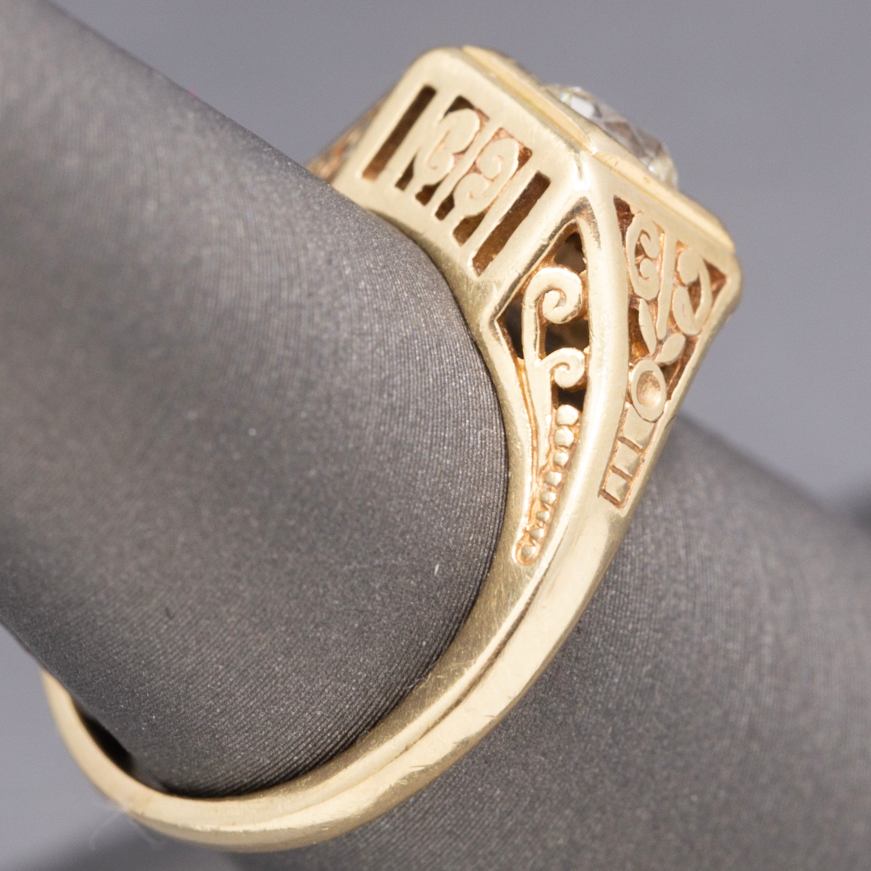 Art Deco Old European Cut Diamond Solitaire Filigree Ring in 14k Yellow Gold
