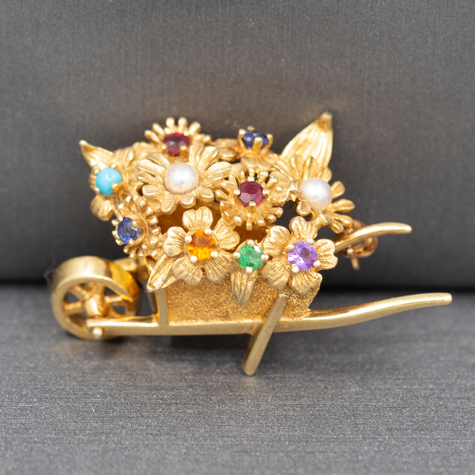 Lovely Rare Dan Frere Gemstone Flowers in Wheelbarrow Brooch in Solid 14k Yellow Gold