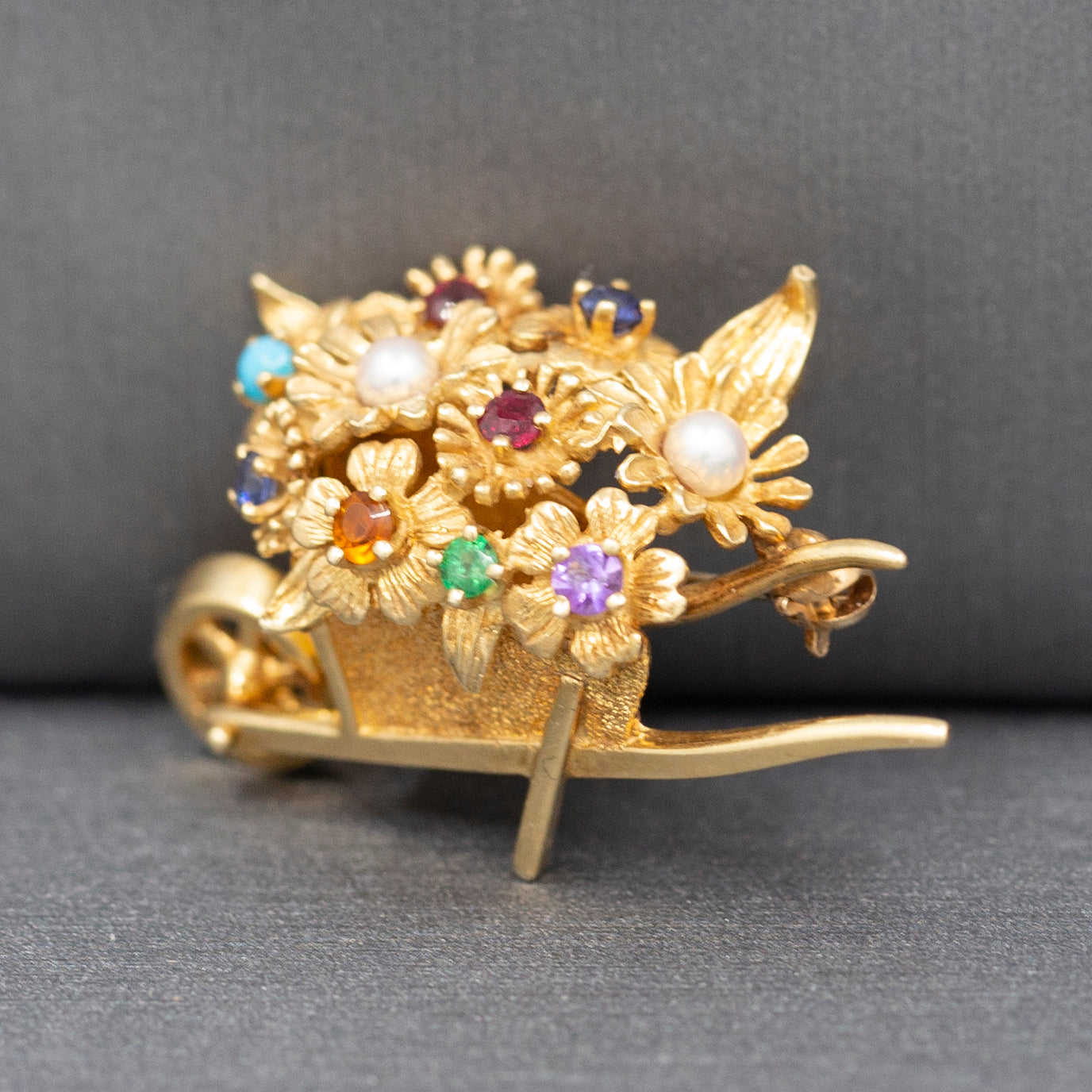 Lovely Rare Dan Frere Gemstone Flowers in Wheelbarrow Brooch in Solid 14k Yellow Gold