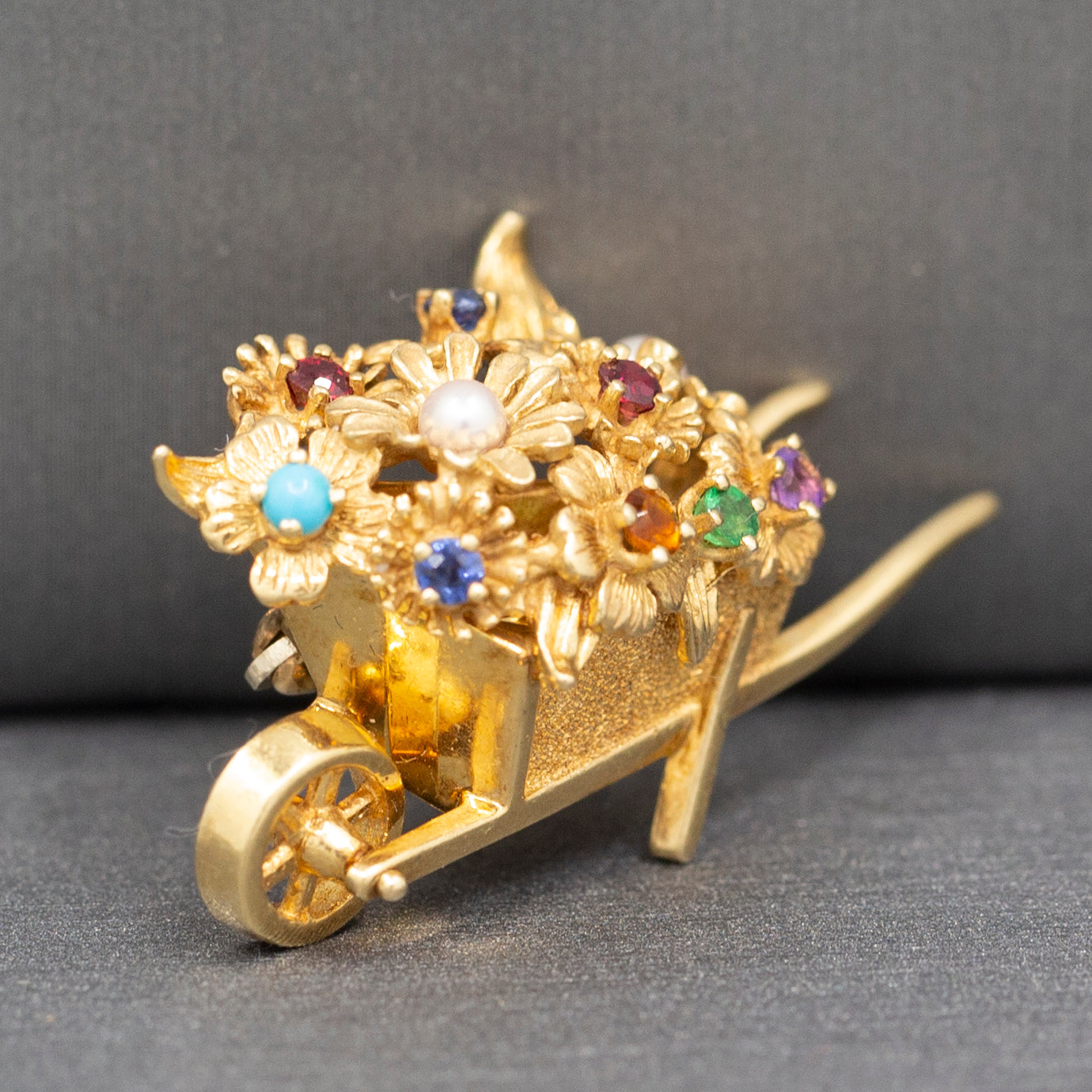 Lovely Rare Dan Frere Gemstone Flowers in Wheelbarrow Brooch in Solid 14k Yellow Gold