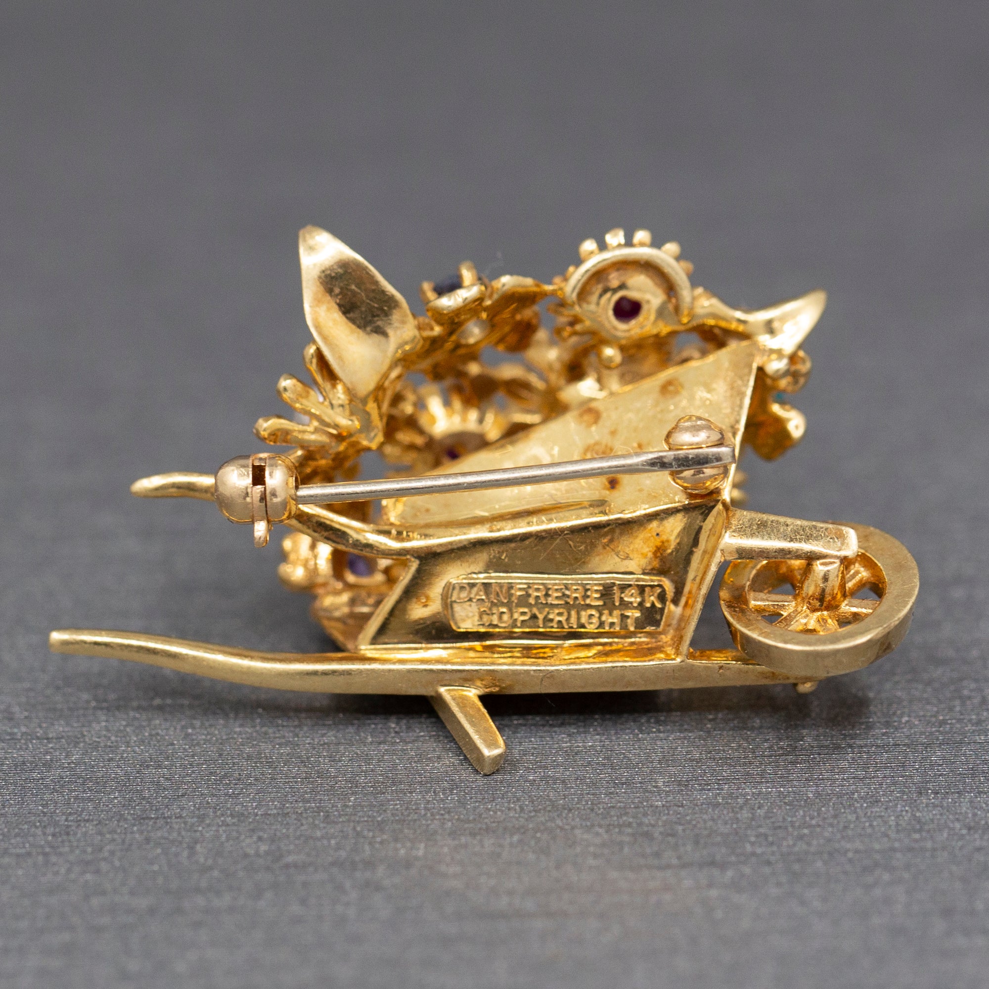 Lovely Rare Dan Frere Gemstone Flowers in Wheelbarrow Brooch in Solid 14k Yellow Gold