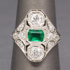 Art Deco Emerald and Old European Cut Diamond Ring in Platinum
