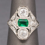 Art Deco Emerald and Old European Cut Diamond Ring in Platinum