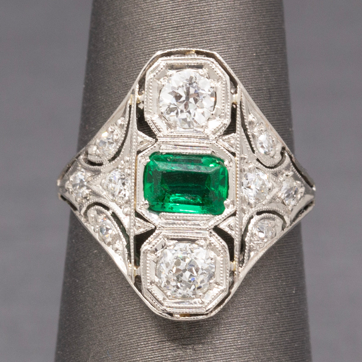 Art Deco Emerald and Old European Cut Diamond Ring in Platinum