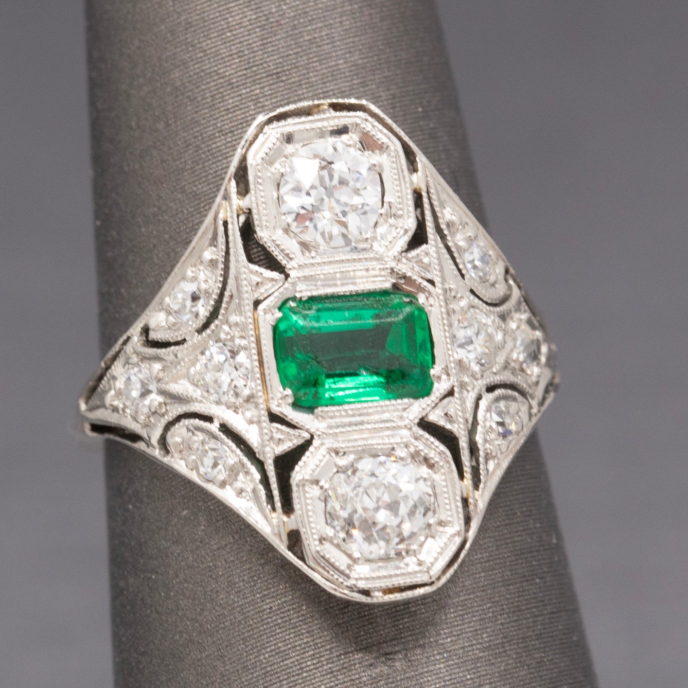 Art Deco Emerald and Old European Cut Diamond Ring in Platinum