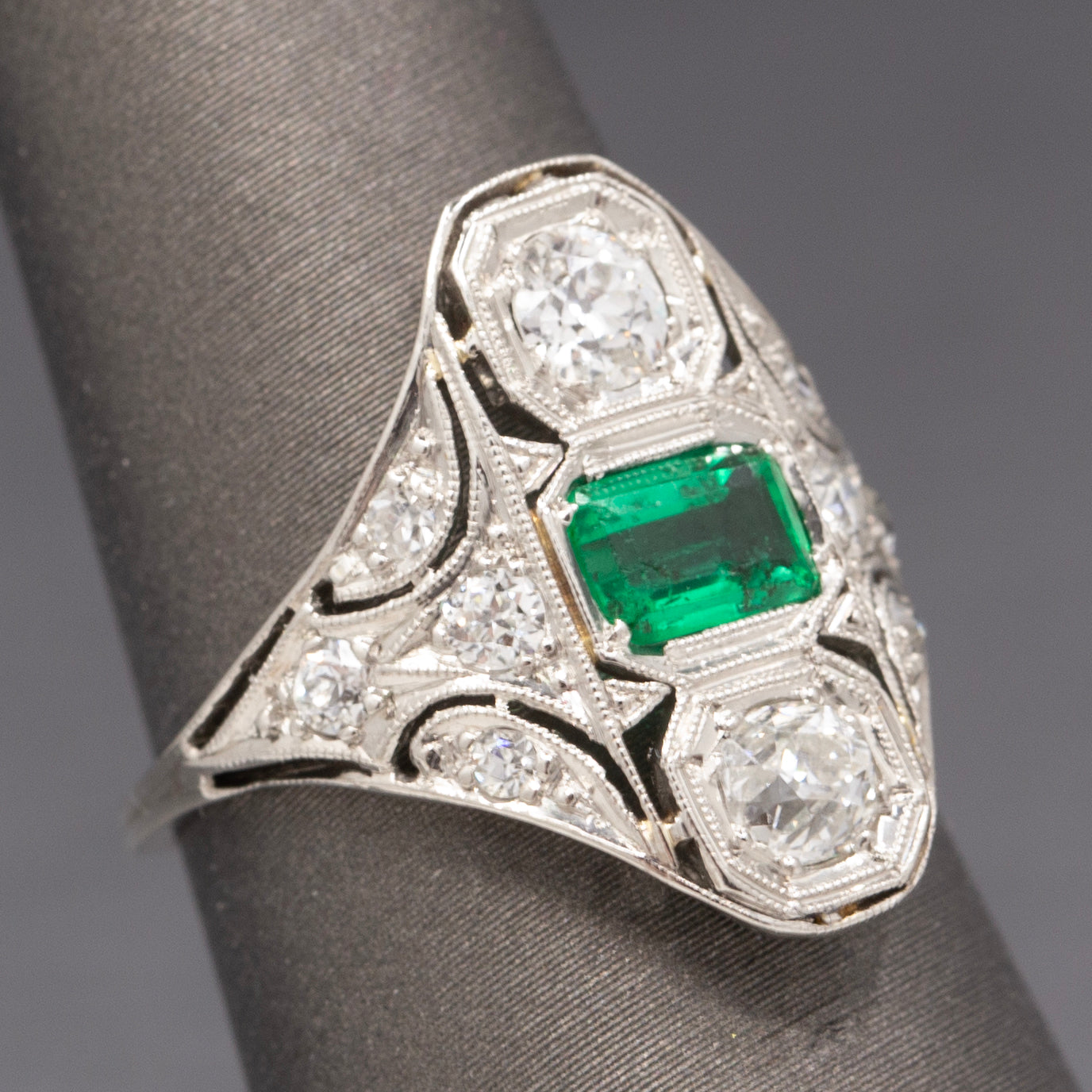 Art Deco Emerald and Old European Cut Diamond Ring in Platinum