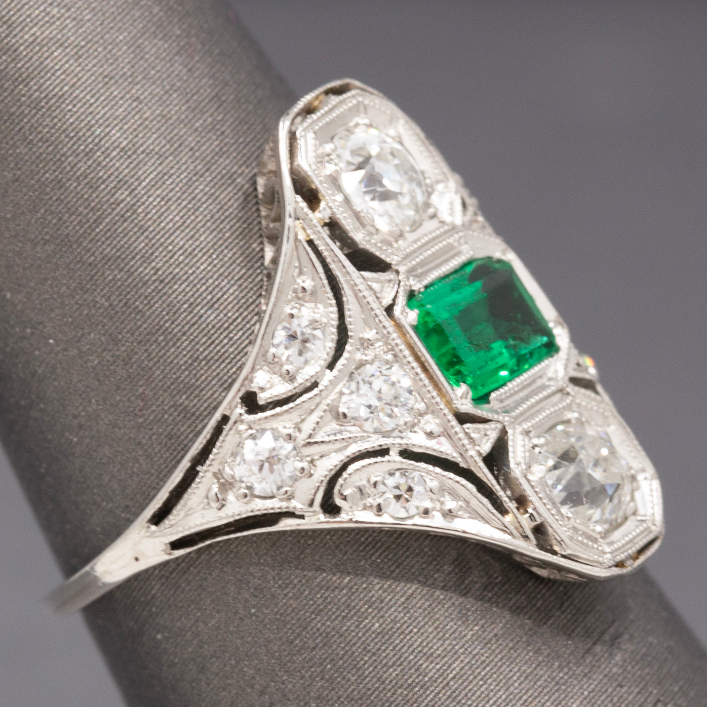Art Deco Emerald and Old European Cut Diamond Ring in Platinum