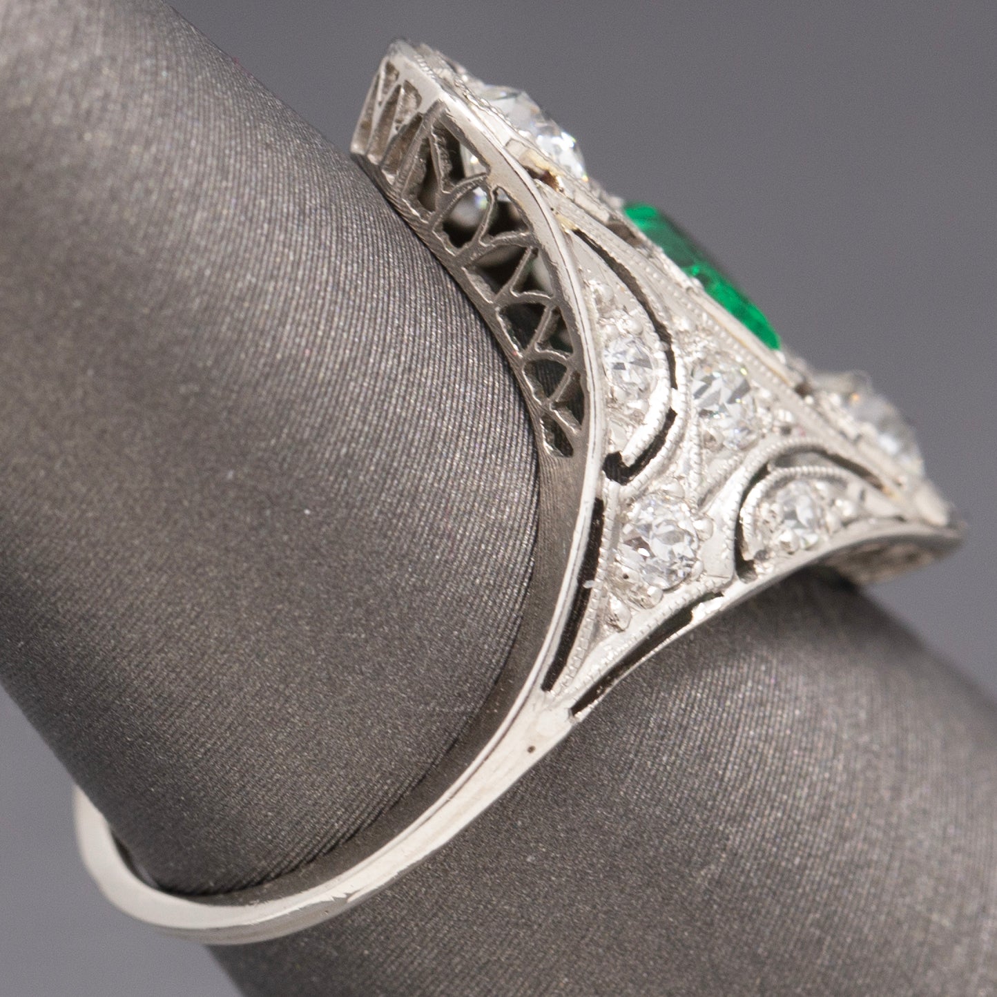 Art Deco Emerald and Old European Cut Diamond Ring in Platinum