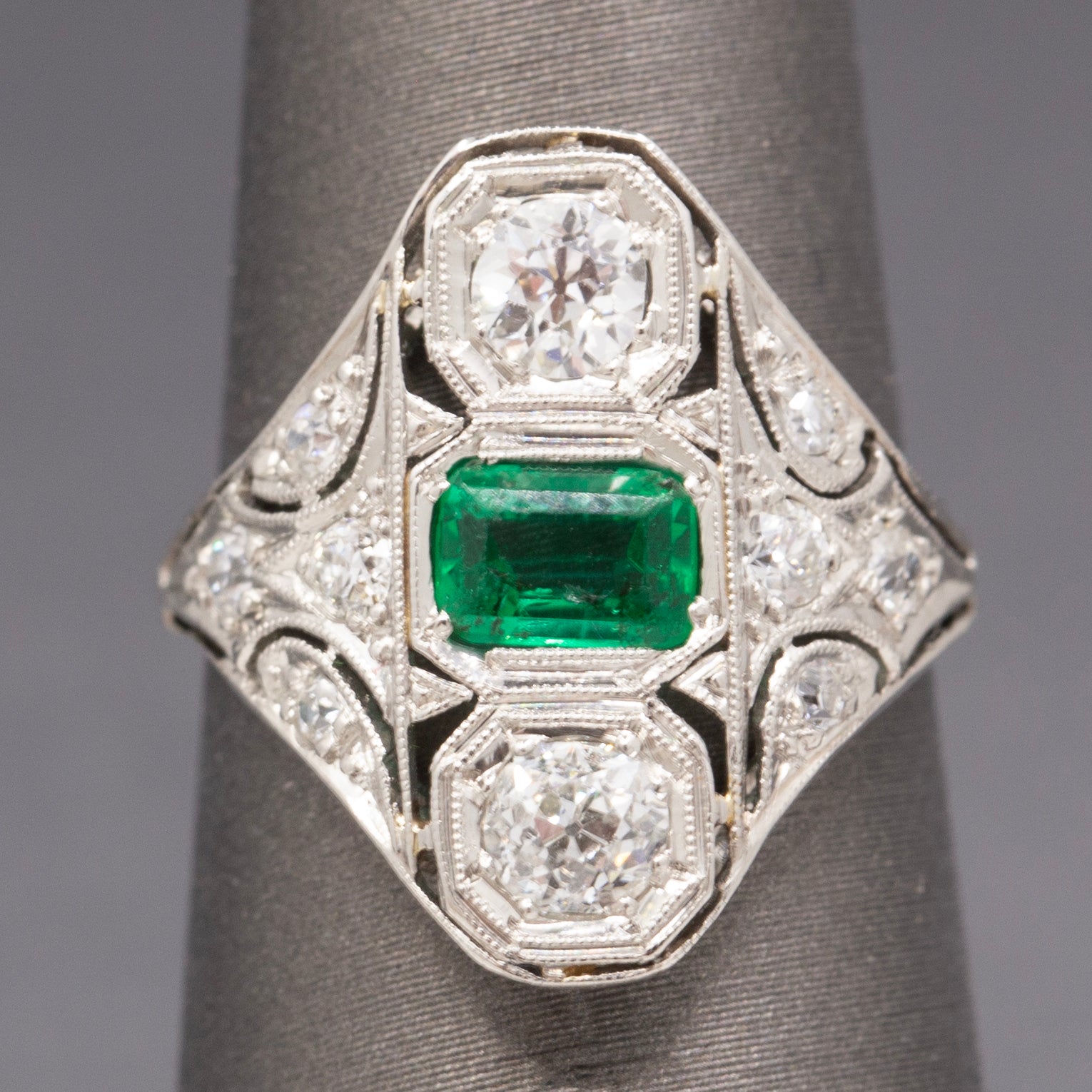 Art Deco Emerald and Old European Cut Diamond Ring in Platinum