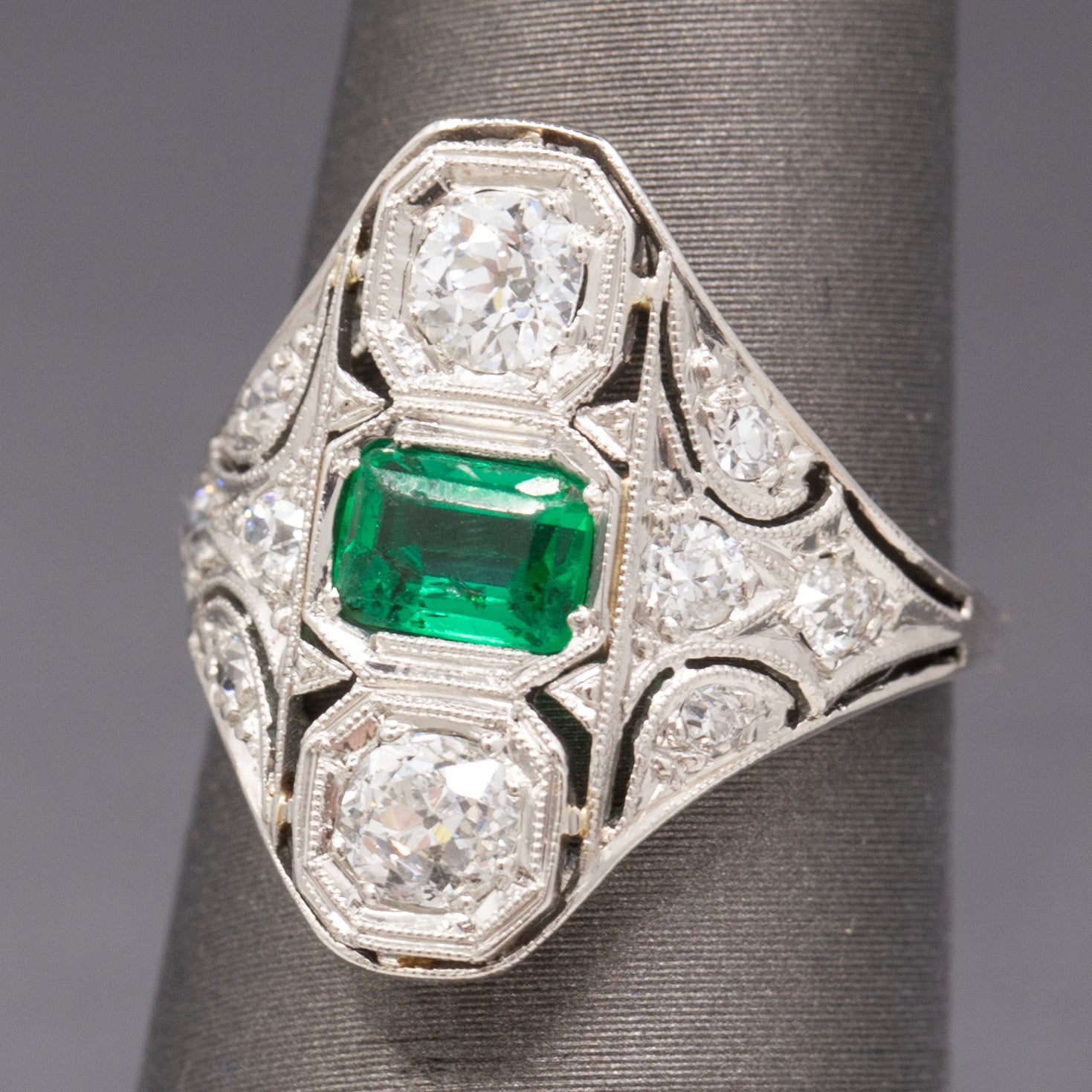 Art Deco Emerald and Old European Cut Diamond Ring in Platinum