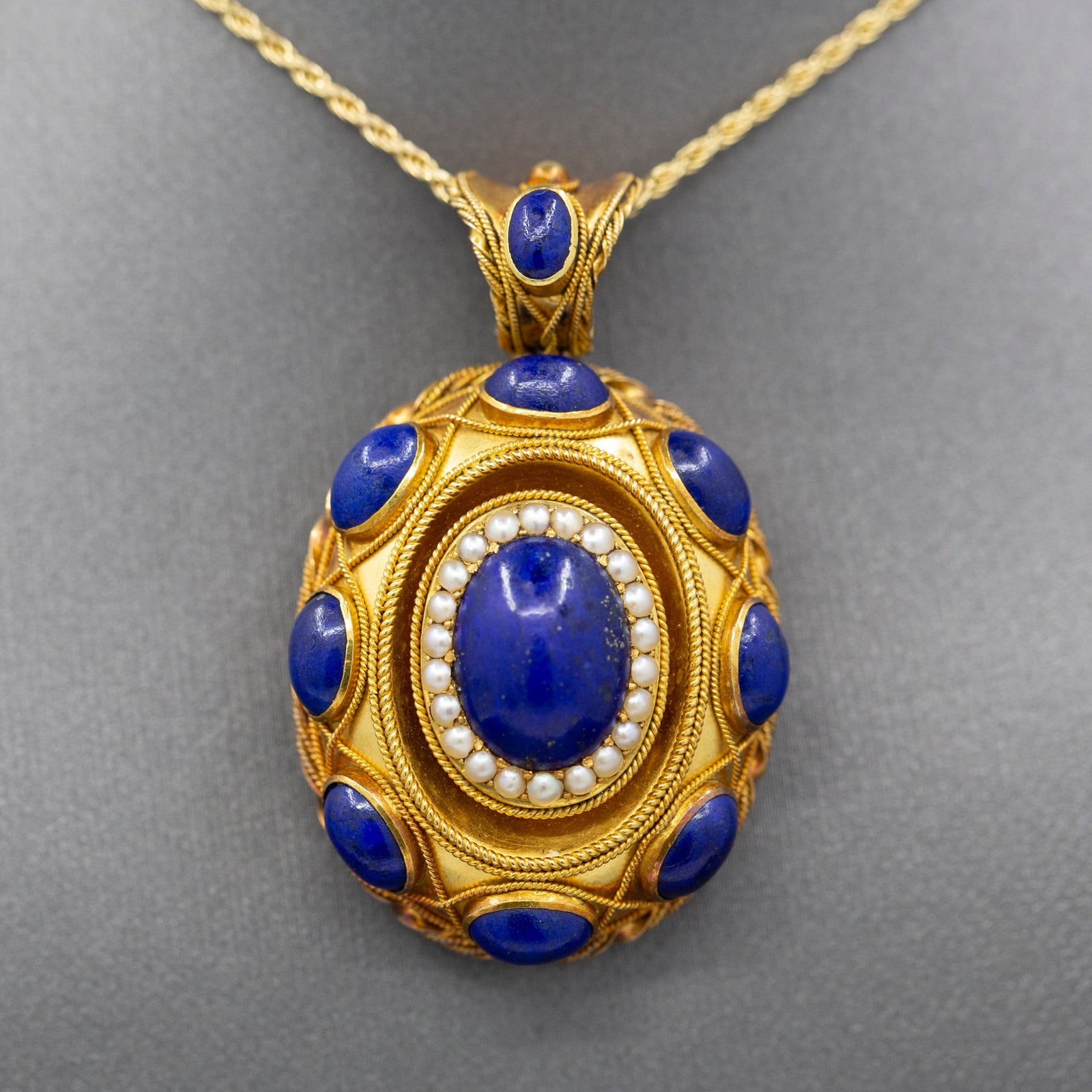 Exquisite Antique Etruscan Revival Lapis and Pearl Locket Pendant in 18k Yellow Gold