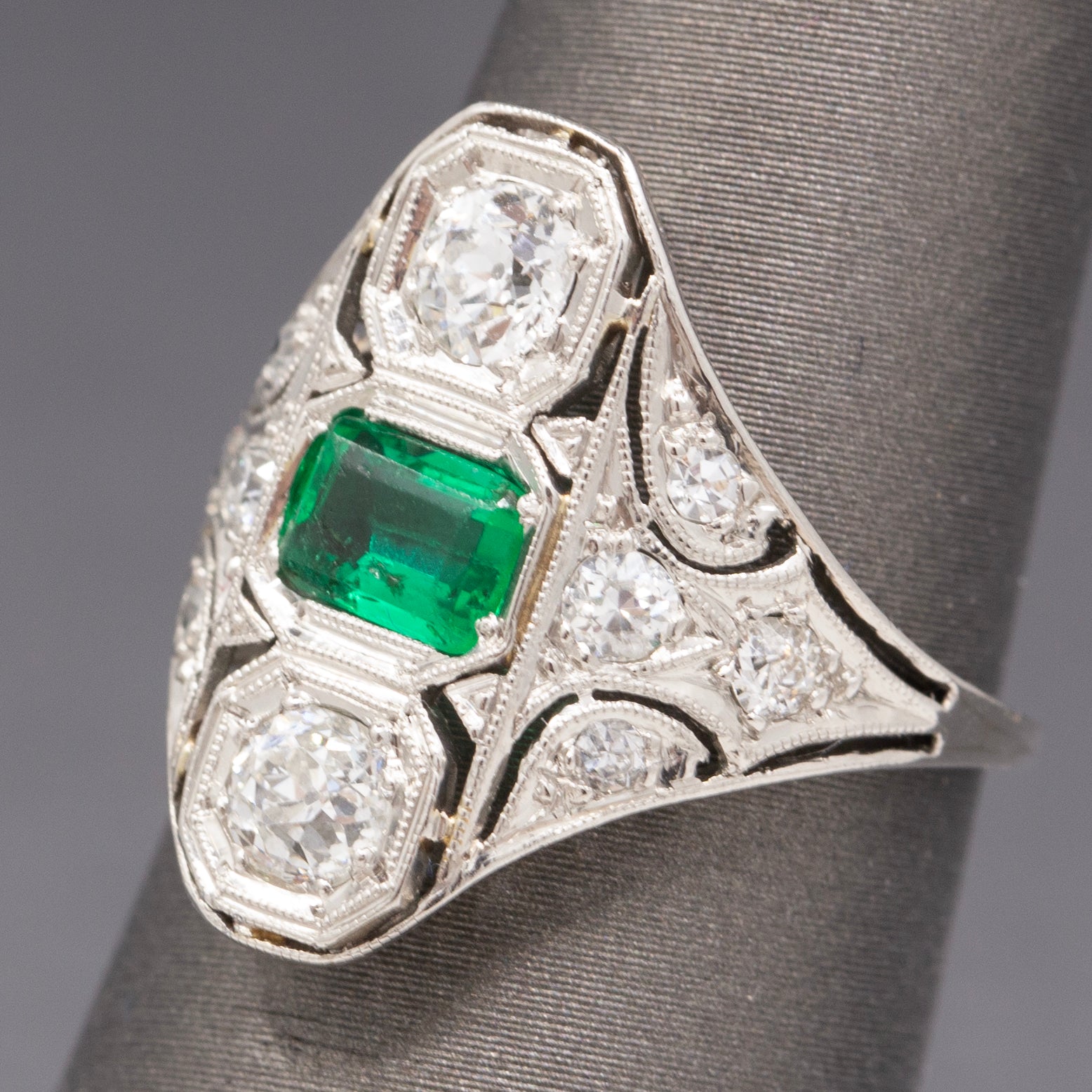 Art Deco Emerald and Old European Cut Diamond Ring in Platinum