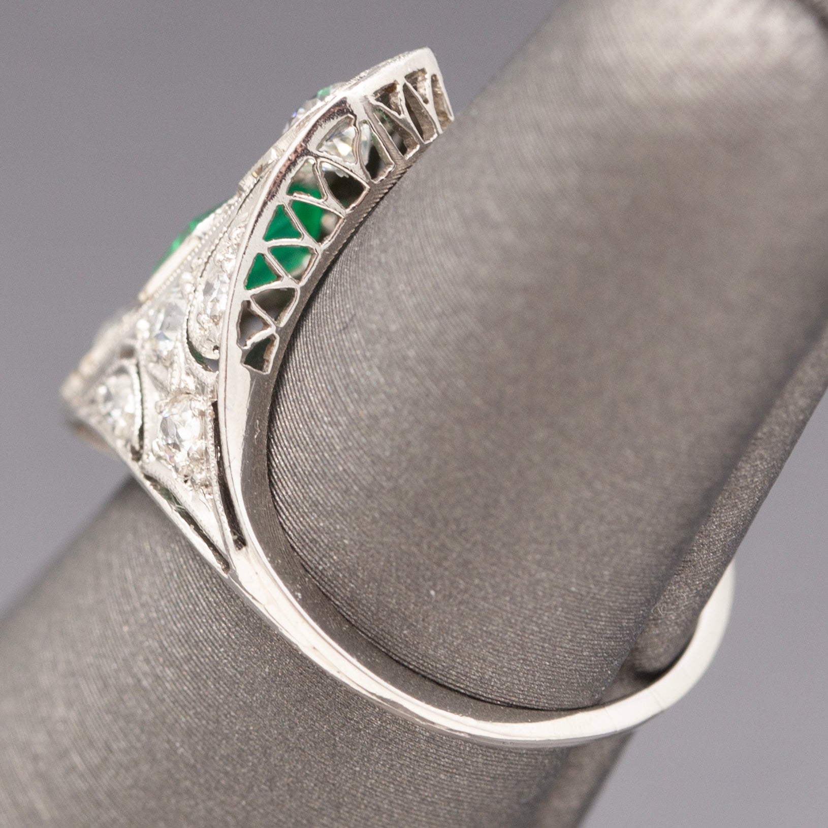 Art Deco Emerald and Old European Cut Diamond Ring in Platinum