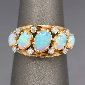 Gorgeous Opal Five Stone and Diamond Accent Band Ring in 14k Yellow Gold