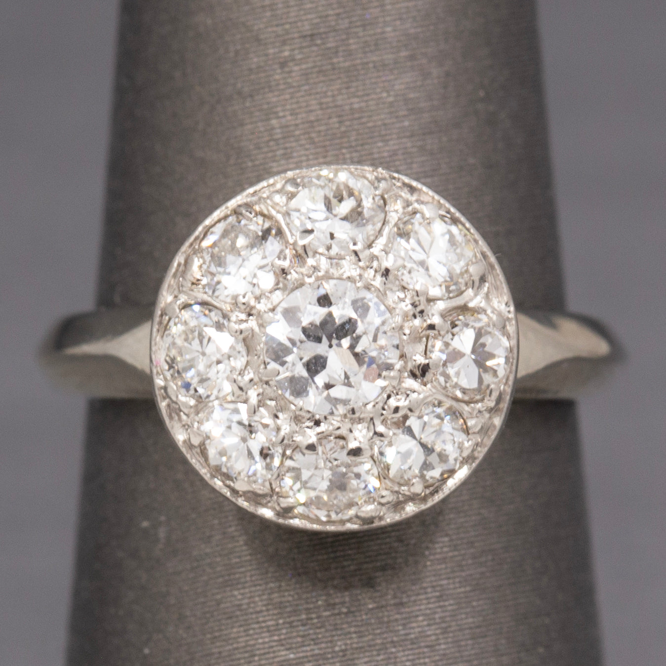 Late Art Deco Old European Diamond Daisy Cluster Ring in 14k White Gold