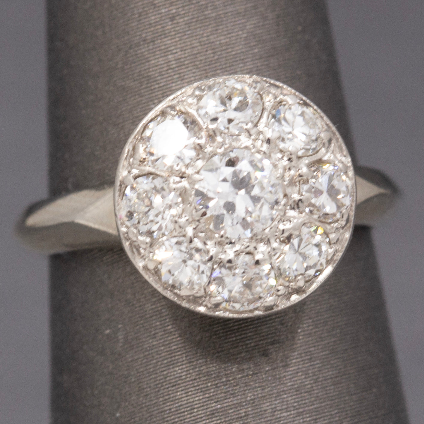 Late Art Deco Old European Diamond Daisy Cluster Ring in 14k White Gold