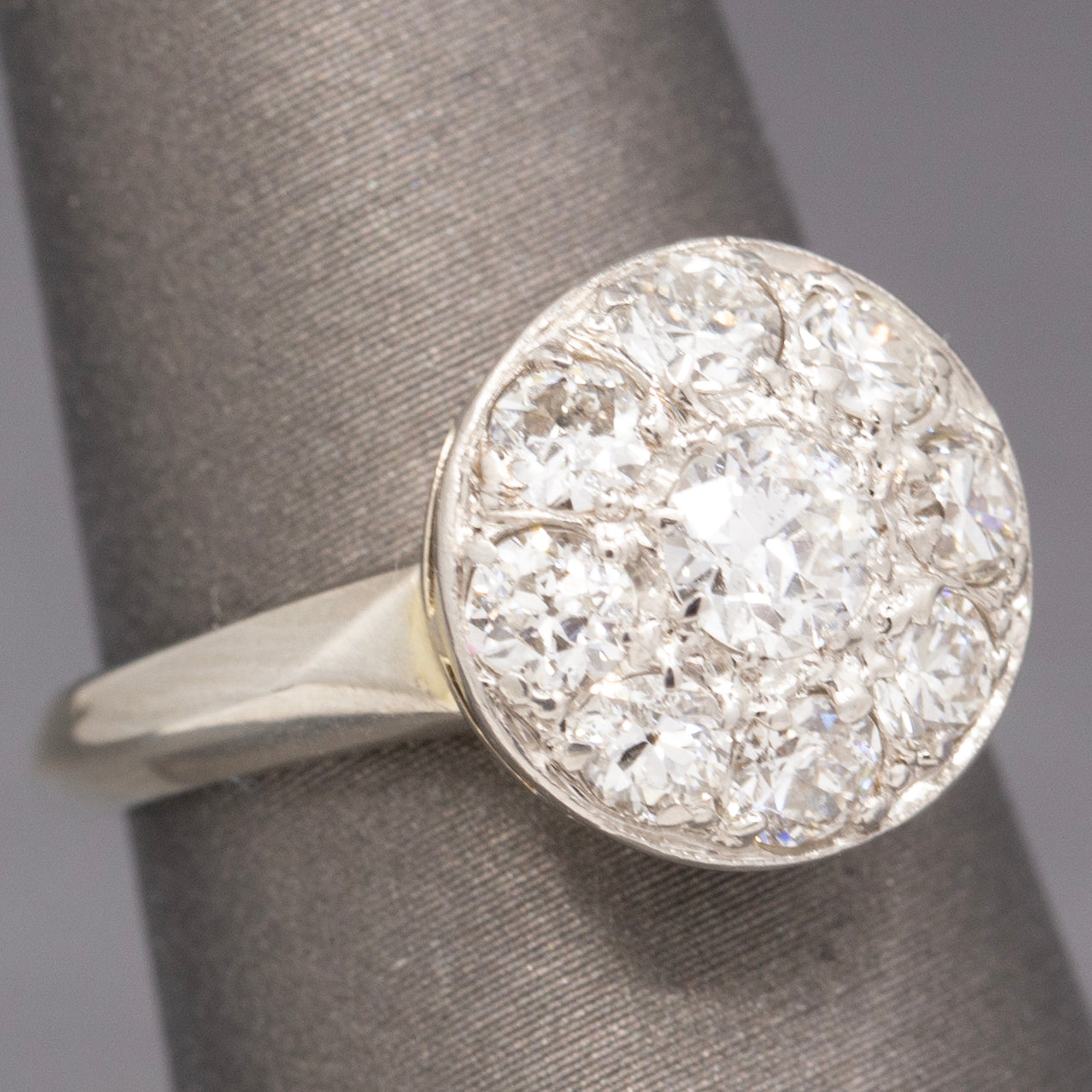Late Art Deco Old European Diamond Daisy Cluster Ring in 14k White Gold