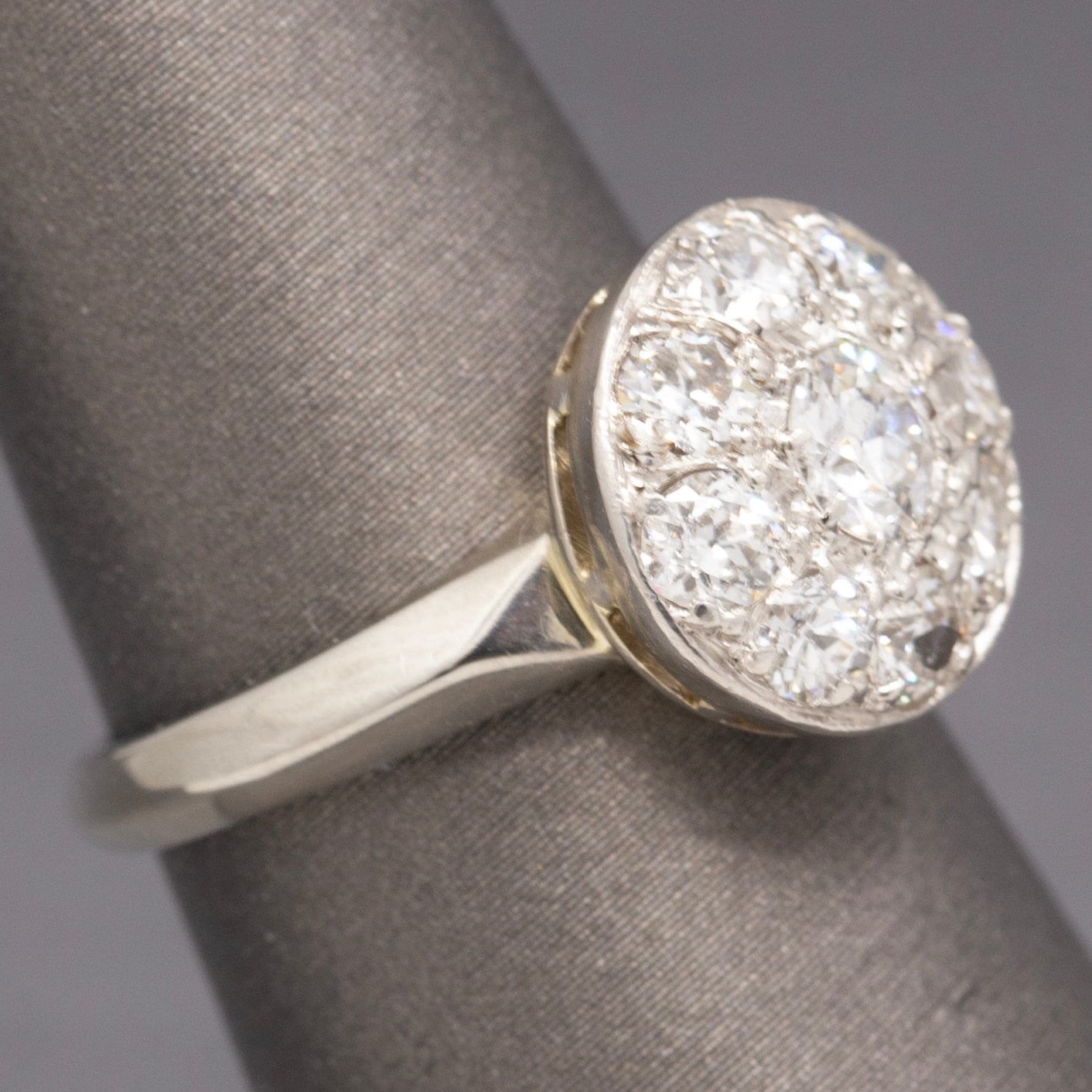 Late Art Deco Old European Diamond Daisy Cluster Ring in 14k White Gold