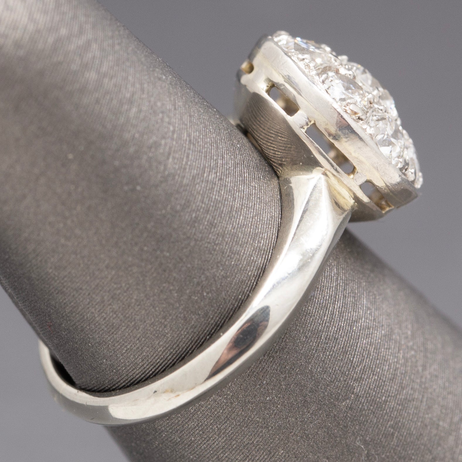Late Art Deco Old European Diamond Daisy Cluster Ring in 14k White Gold