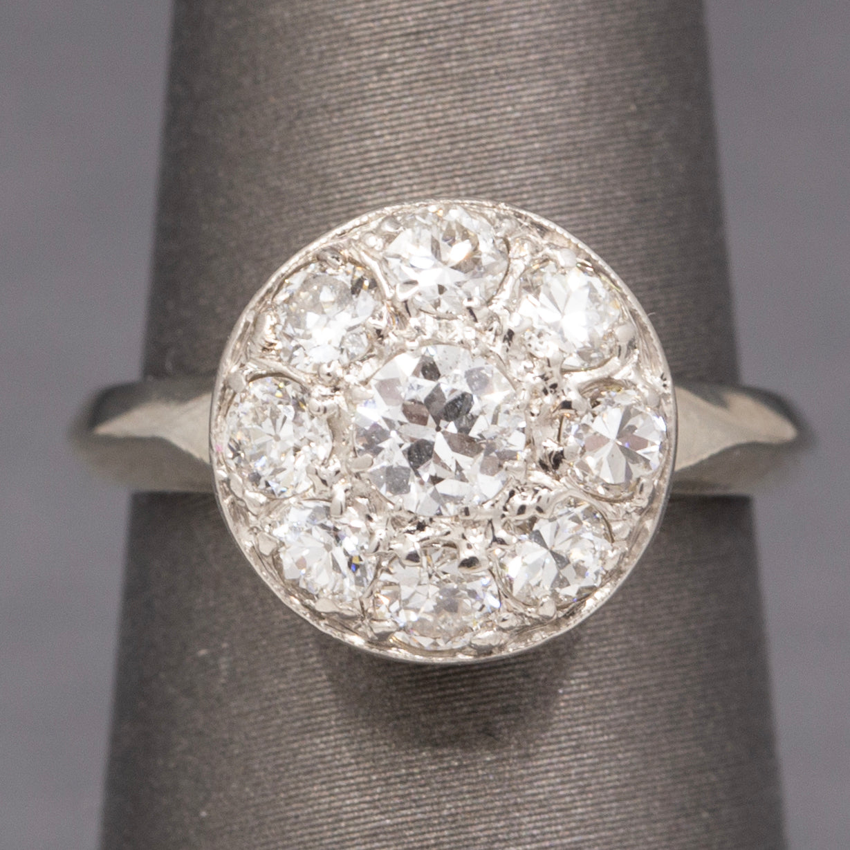 Late Art Deco Old European Diamond Daisy Cluster Ring in 14k White Gold
