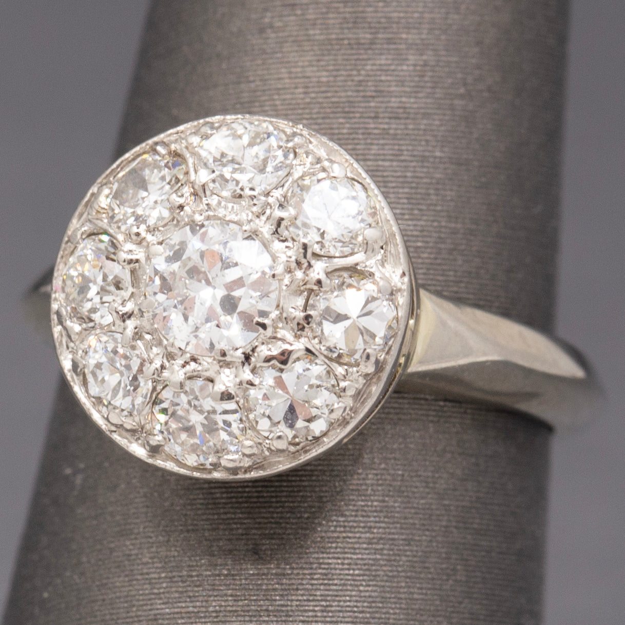 Late Art Deco Old European Diamond Daisy Cluster Ring in 14k White Gold