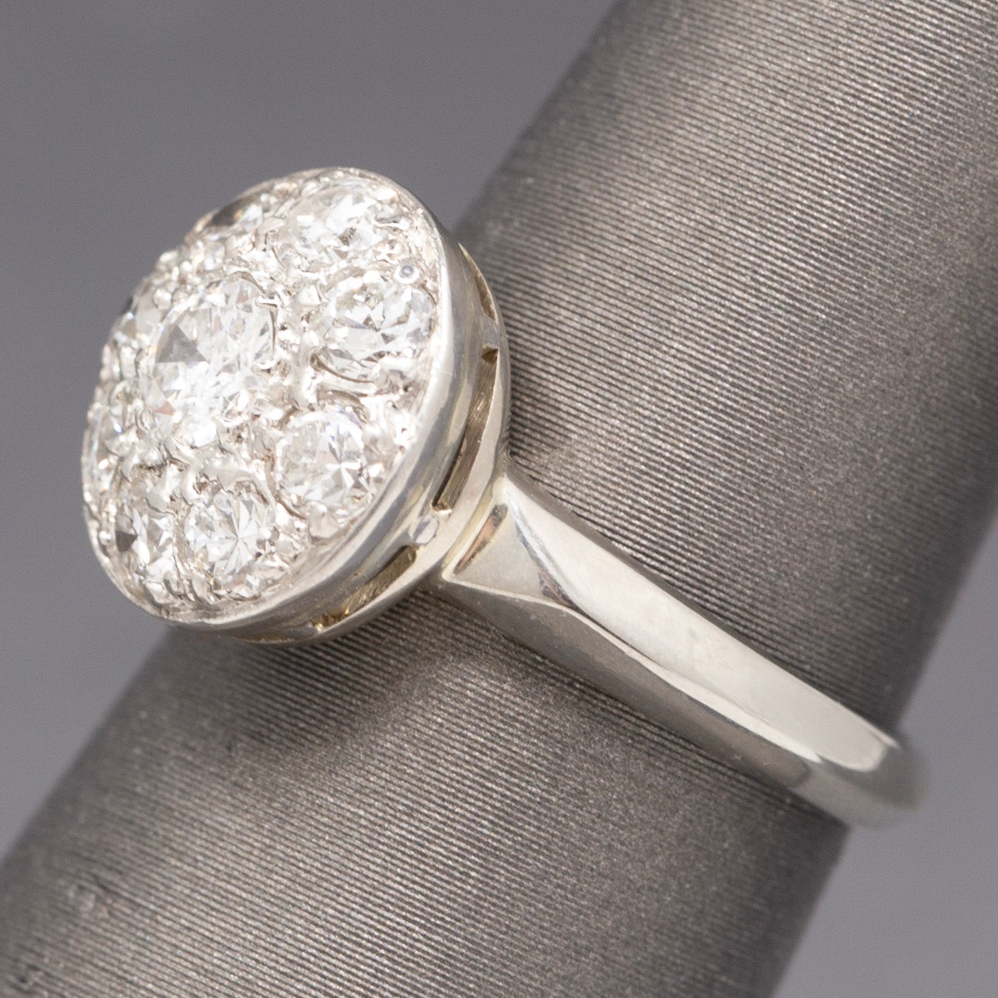 Late Art Deco Old European Diamond Daisy Cluster Ring in 14k White Gold