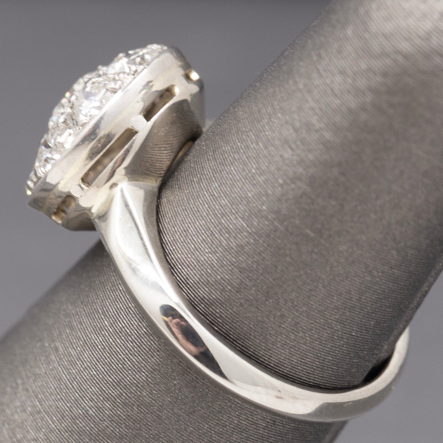 Late Art Deco Old European Diamond Daisy Cluster Ring in 14k White Gold
