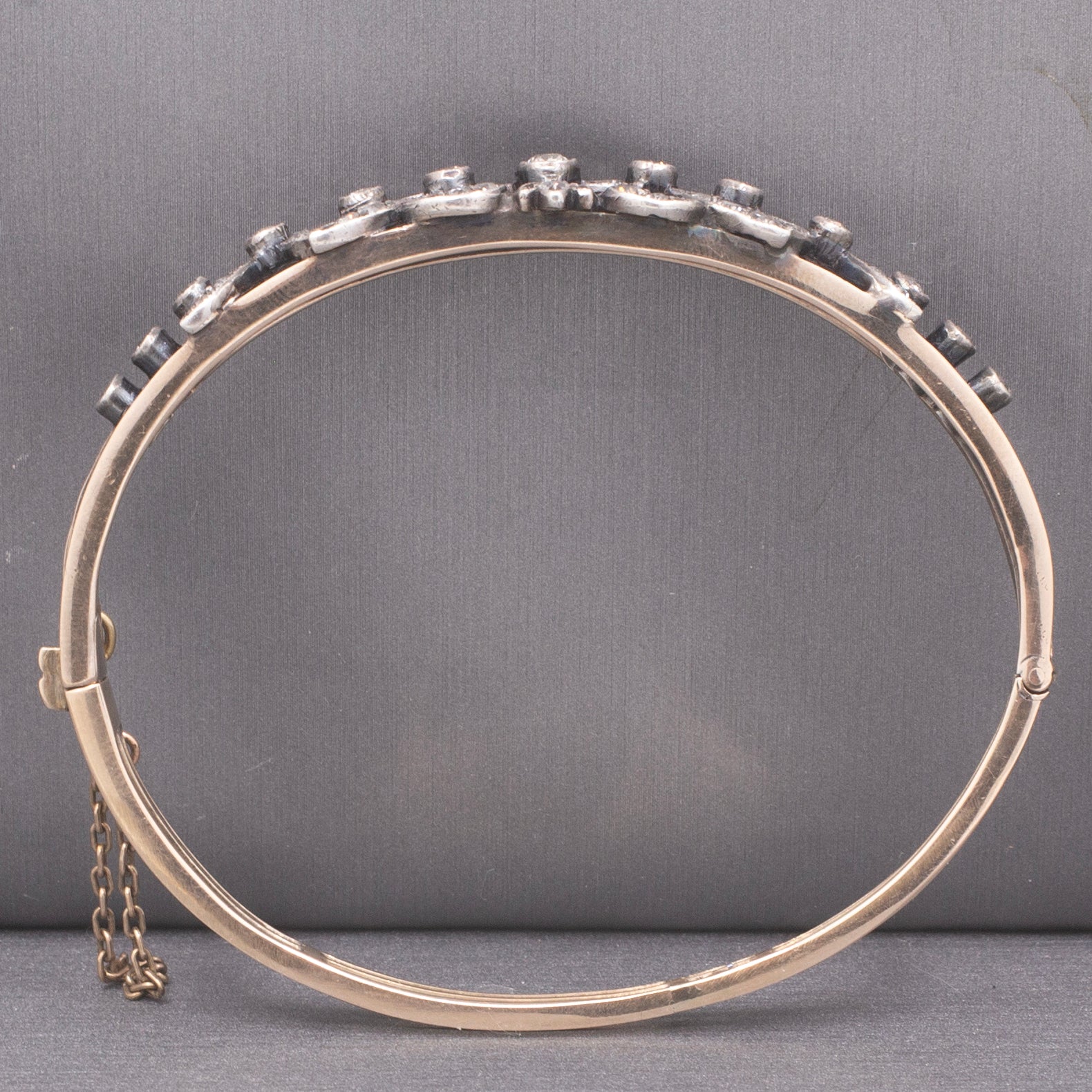 Exquisite Victorian Old Mine Cut Diamond Bangle Bracelet in 10k Rosy Gold