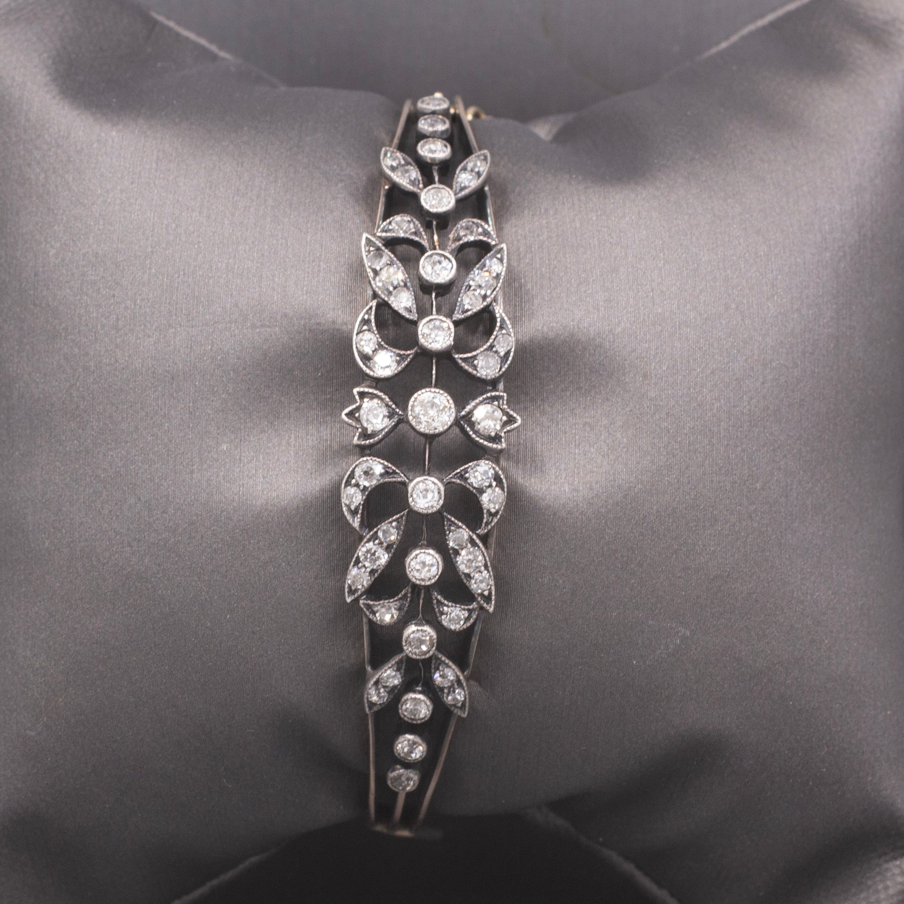 Exquisite Victorian Old Mine Cut Diamond Bangle Bracelet in 10k Rosy Gold