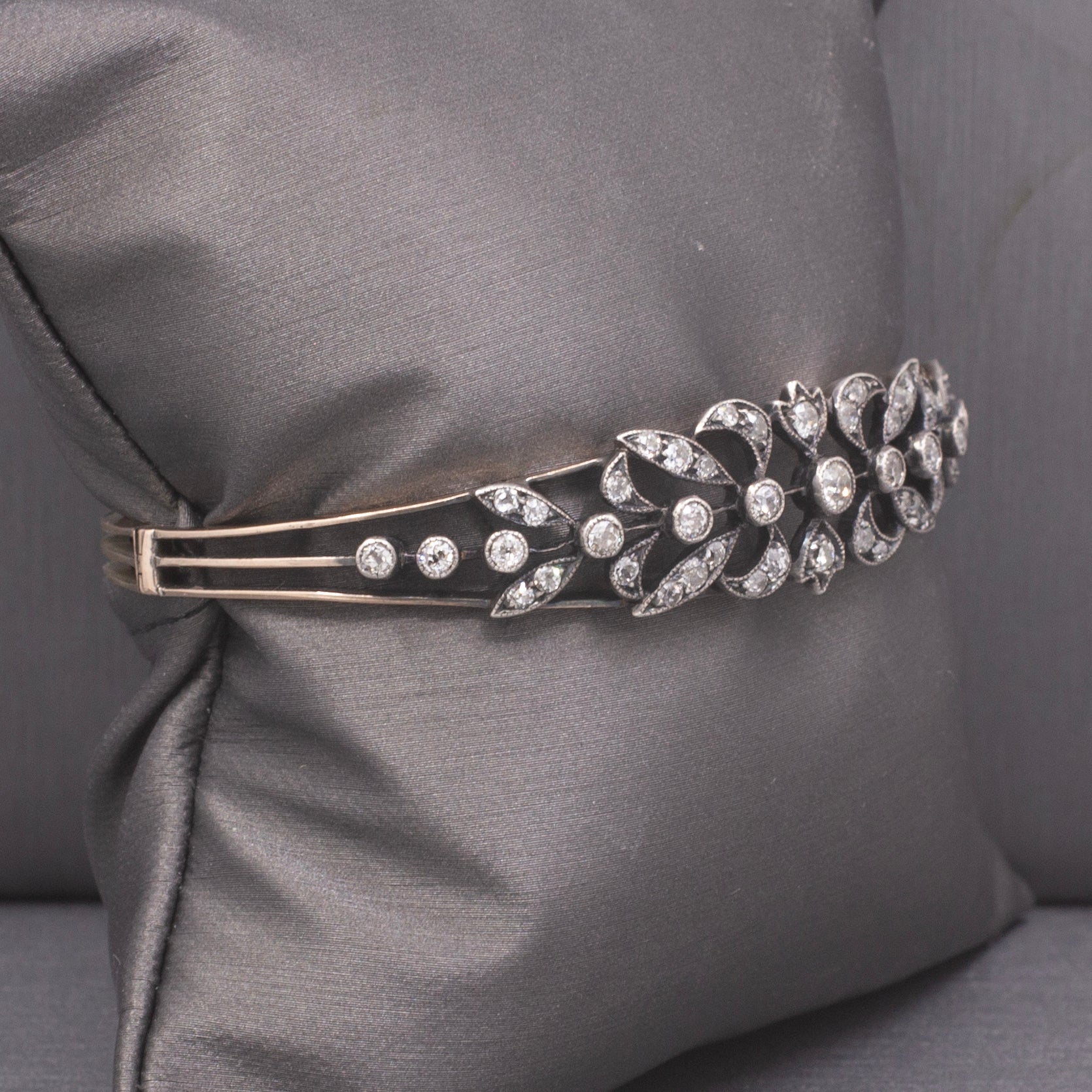 Exquisite Victorian Old Mine Cut Diamond Bangle Bracelet in 10k Rosy Gold