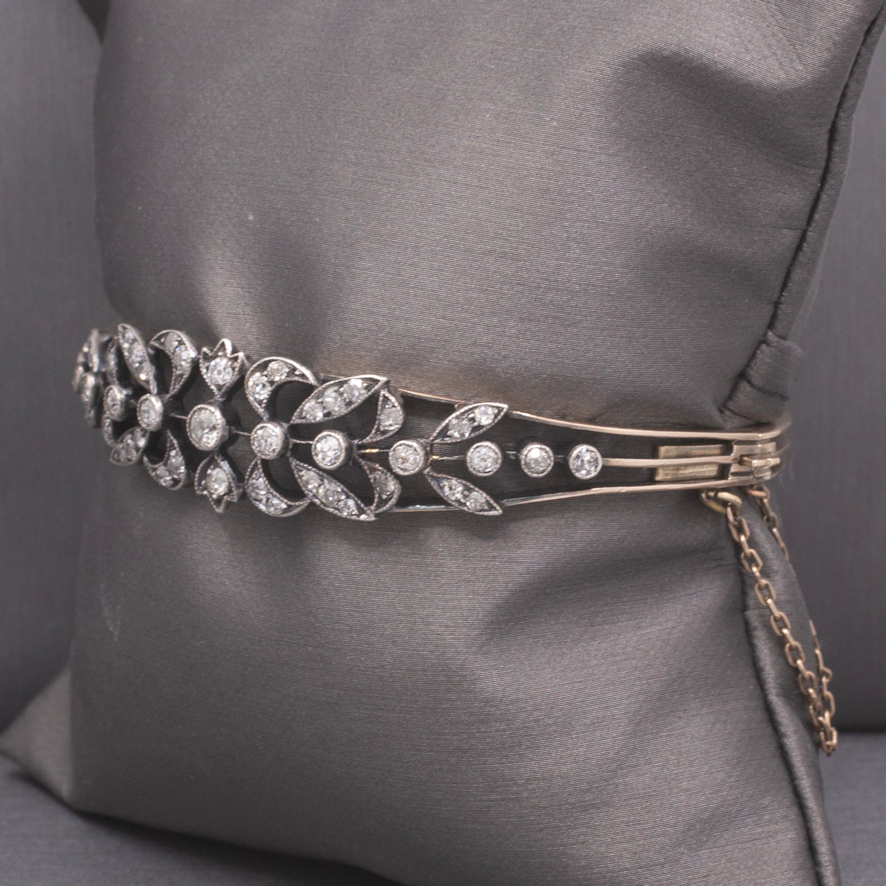 Exquisite Victorian Old Mine Cut Diamond Bangle Bracelet in 10k Rosy Gold