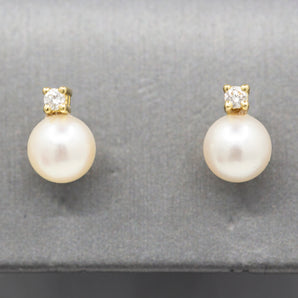 Classic Mikimoto 6mm Pearl and Diamond Stud Earrings in 18k Yellow Gold