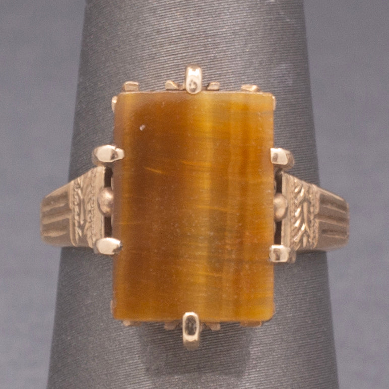 Victorian Tiger's Eye Slab Signet Ring in Rosy 14k Yellow Gold