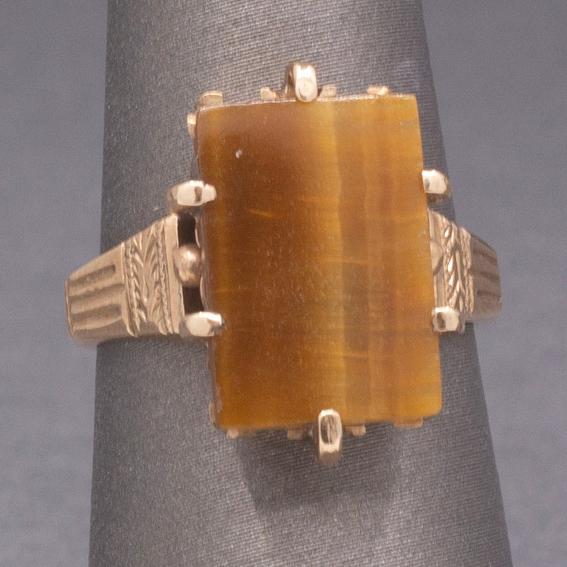 Victorian Tiger's Eye Slab Signet Ring in Rosy 14k Yellow Gold